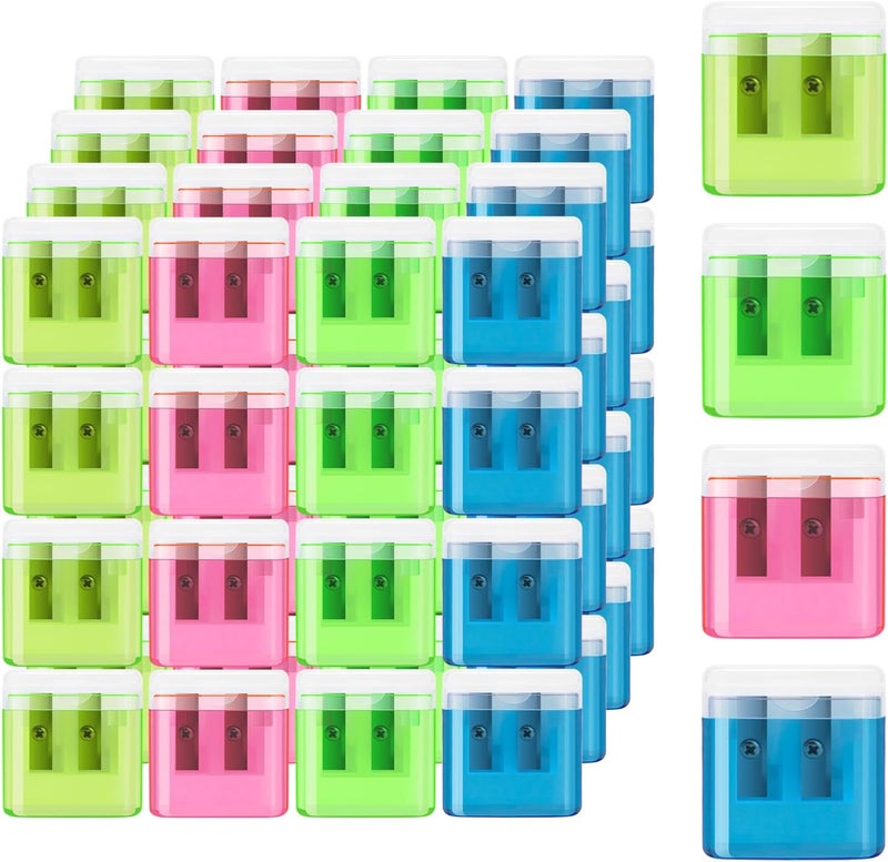 JEFURE 48 Pcs 2 Holes Small Manual Pencil Sharpener with Lid, Colored Handheld Dual Hole Pencil Sharpeners Bulk, Crayon Colored Pencils Sharpener, Pencil Sharpener for Kids, Office, School, Classroom - Image 1